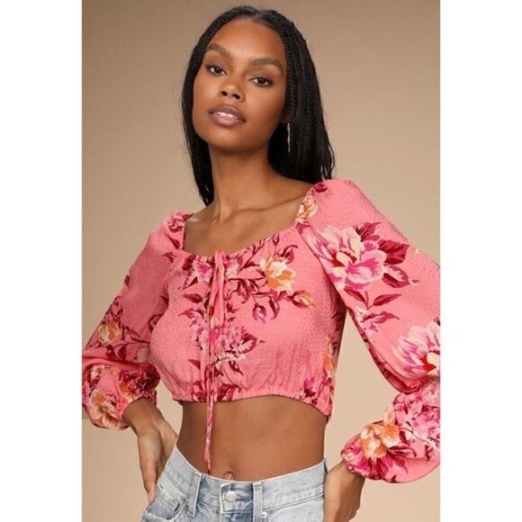 NWT Lulus Cheerful Disposition Pink Floral Print Lace-Up Crop Top Size Small - Picture 2 of 11